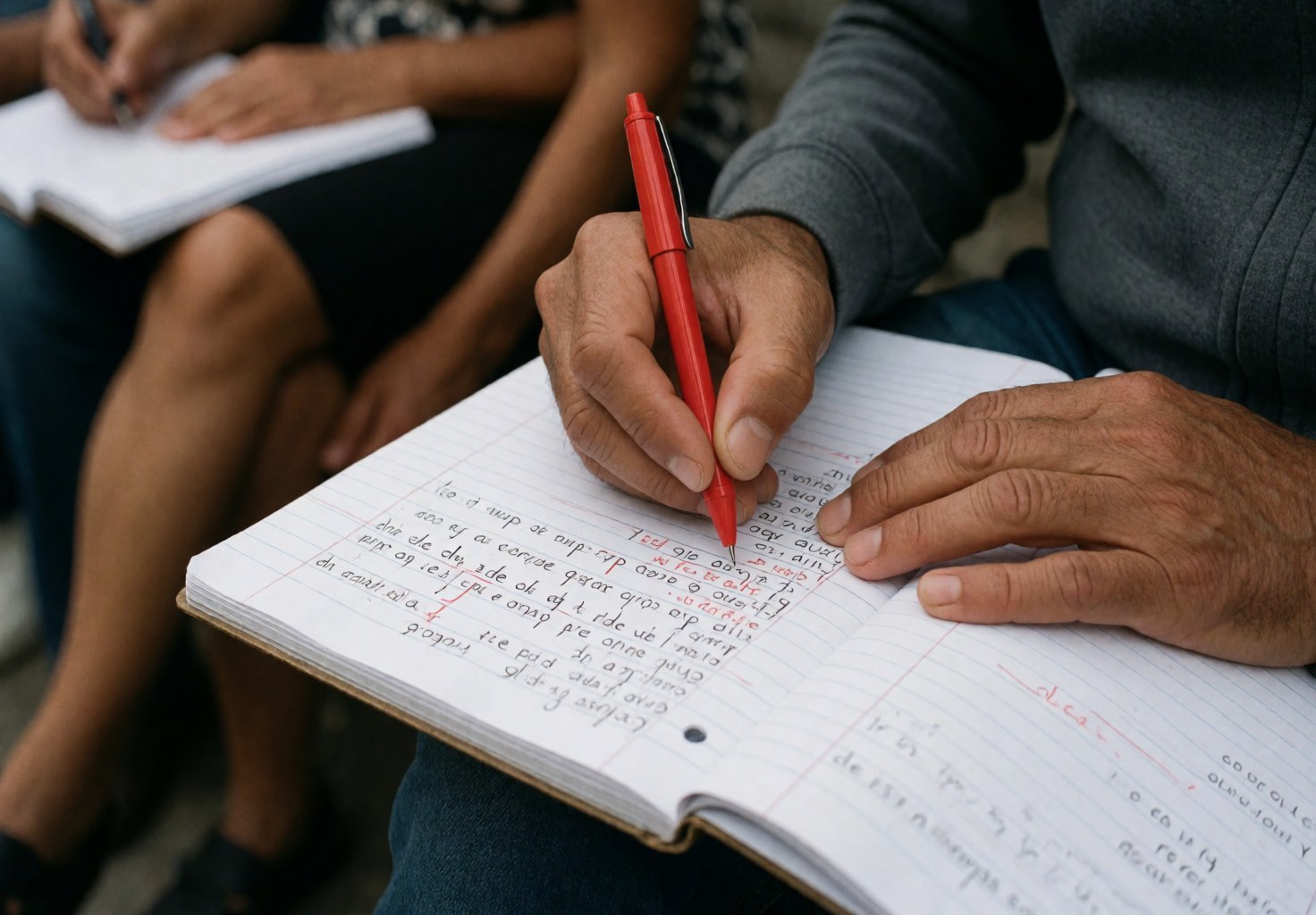 Une main adulte utilise un stylo rouge pour corriger un exercice d'espagnol dans un cahier, dans le cadre d'une académie de langues avec d'autres étudiants en arrière-plan.
