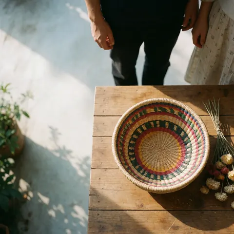 Un panier tressé orné de motifs colorés repose sur une table en bois, accompagné de fleurs séchées, évoquant un cadre naturel et artisanal.