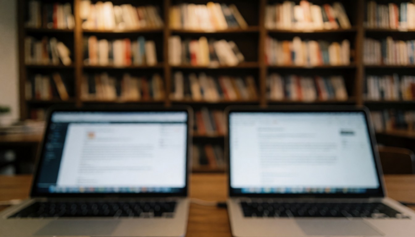 Deux ordinateurs portables aux écrans flous devant des étagères remplies de livres, idéal pour ajouter du texte ou des en-têtes sur un site web.