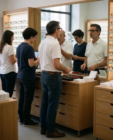 Une cliente satisfait essaye des lunettes dans un magasin d'optique moderne avec l'aide d'un conseiller.
