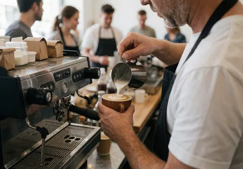 Un barista en tablier sert un café avec un art latte, devant une machine espresso et des clients dans un café moderne.