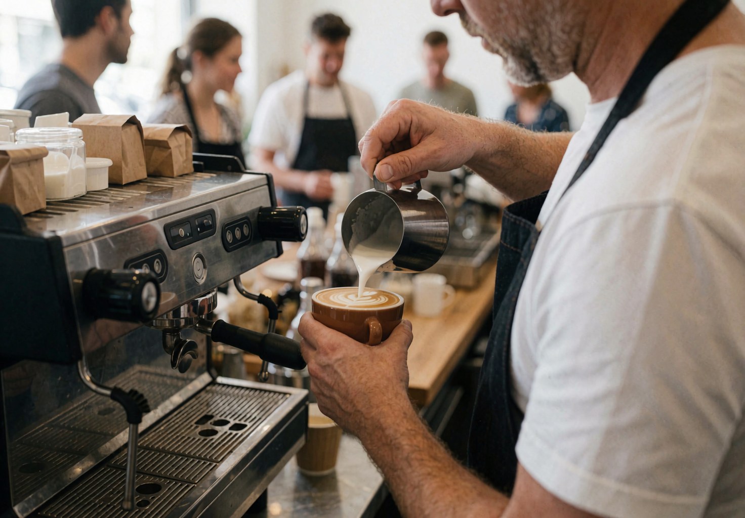 Un barista en tablier sert un café avec un art latte, devant une machine espresso et des clients dans un café moderne.