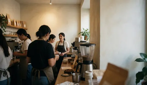 Vue intérieure d'une cafétéria montrant le personnel servant les clients, des tables, des plantes et des murs clairs créant une ambiance chaleureuse et accueillide.