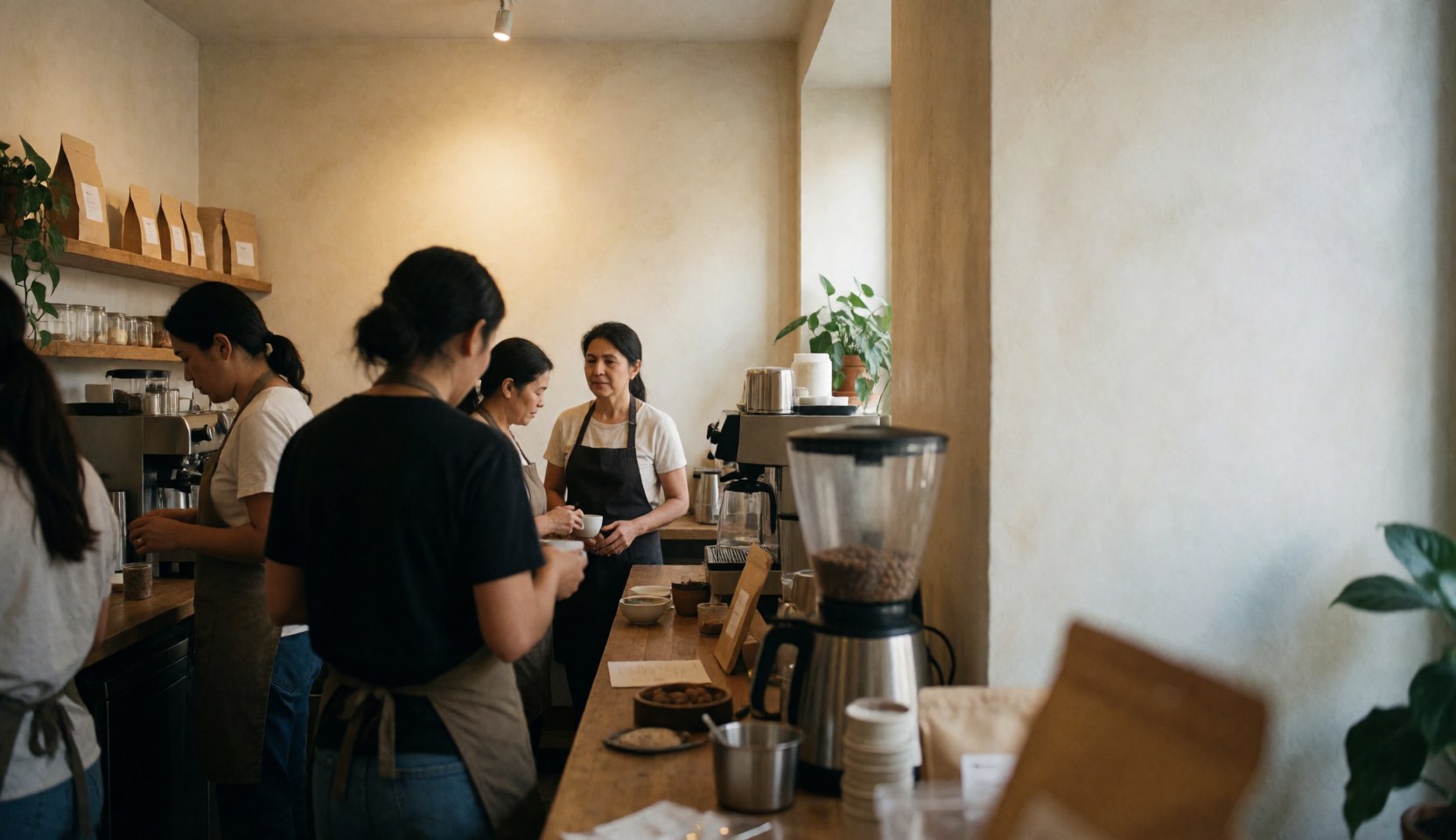 Vue intérieure d'une cafétéria montrant le personnel servant les clients, des tables, des plantes et des murs clairs créant une ambiance chaleureuse et accueillide.