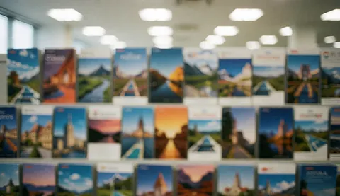 Arrière-plan de brochures de voyage sur une étagère avec des lumières de bureau floues, idéal pour les textes et le design web