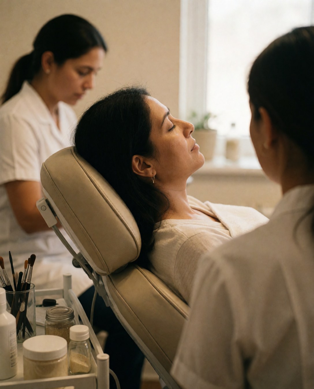 Une femme profite d'un soin du visage dans un institut de beauté, entourée d'esthéticiennes dans une ambiance chaleureuse et relaxante.