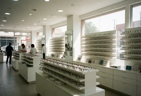 Intérieur propre et bien éclairé d'une optique, avec des étagères blanches remplies de montures de lunettes, de grandes vitrines et des clients en arrière-plan.