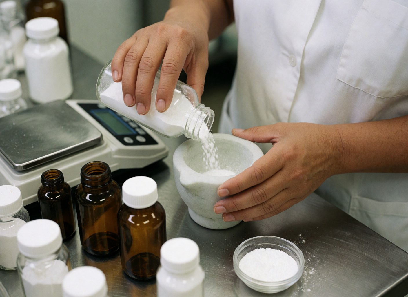 Une pharmacienne prépare des médicaments dans un laboratoire, avec un mortier, des ampoules et une balance numérique.