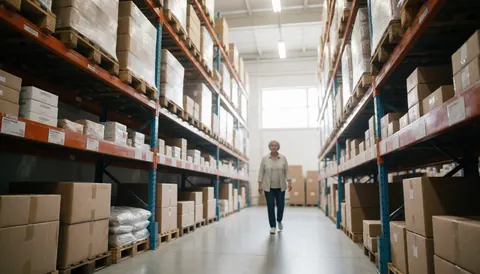 Une femme âgée se déplace dans un couloir d'entrepôt bordé de rayonnages hauts remplis de cartons. L'espace est lumineux et le sol propre.