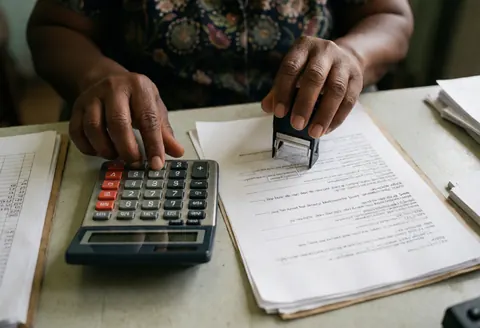 Mains d'une personne utilisant une calculatrice et un tampon sur des documents comptables, illustrant précision et expérience professionnelle.