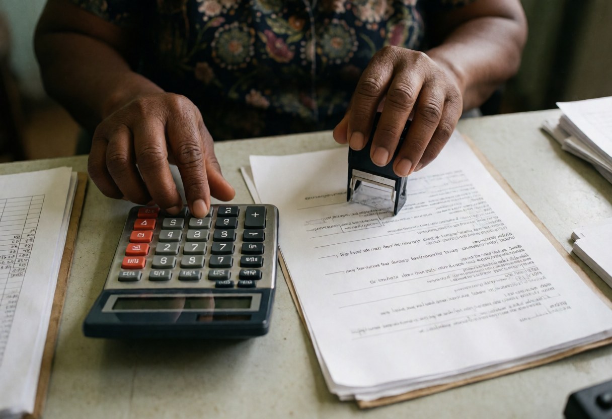 Mains d'une personne utilisant une calculatrice et un tampon sur des documents comptables, illustrant précision et expérience professionnelle.