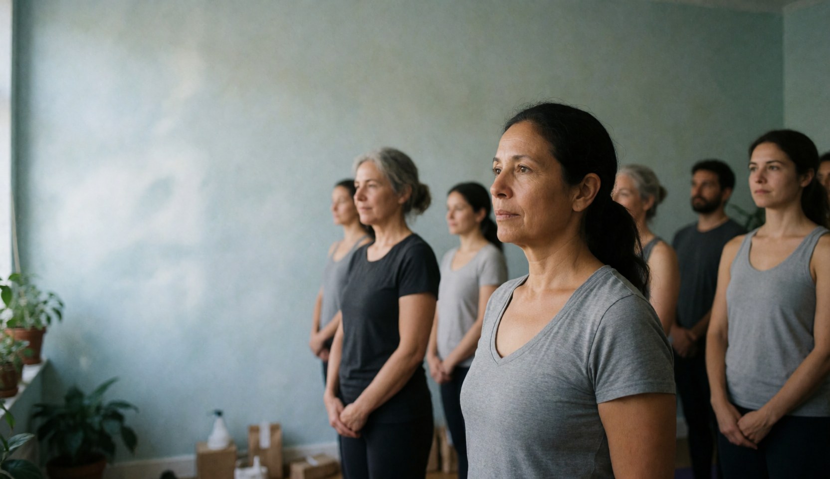 Groupe de personnes pratiquant le yoga dans un studio lumineux aux murs clairs et aux plantes, idéal pour une page d'accueil de site web.