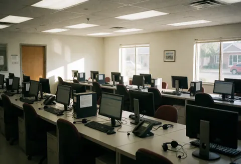 Espace de travail vide équipé de bureaux, ordinateurs et casques, prêt pour l'accueil. Lumière naturelle entrant par les fenêtres, idéal pour supports visuels.