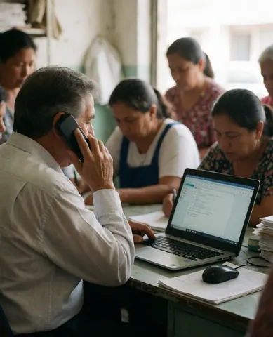 Un dirigeant parle au téléphone tout en travaillant sur son ordinateur portable, entouré de collaborateurs dans un bureau réaliste.