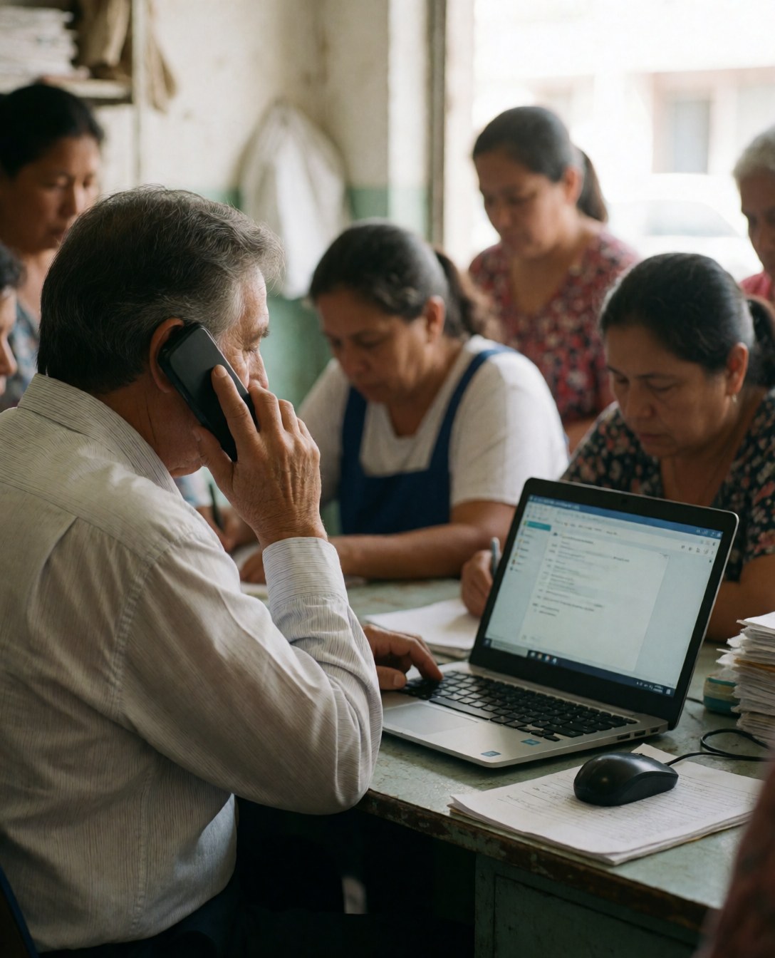 Un dirigeant parle au téléphone tout en travaillant sur son ordinateur portable, entouré de collaborateurs dans un bureau réaliste.