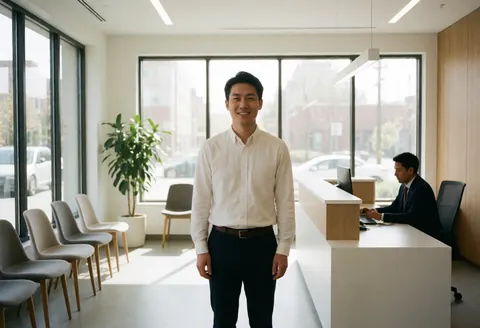 Vue d'une réception de bureau moderne avec des tables, des chaises, des plantes et un personnel attentif créant une ambiance propre et professionnelle.