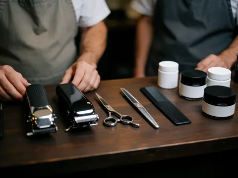 Tiges de rasoir, ciseaux, peigne et pommades disposés sur un comptoir en bois sombre pour salon de coiffure.