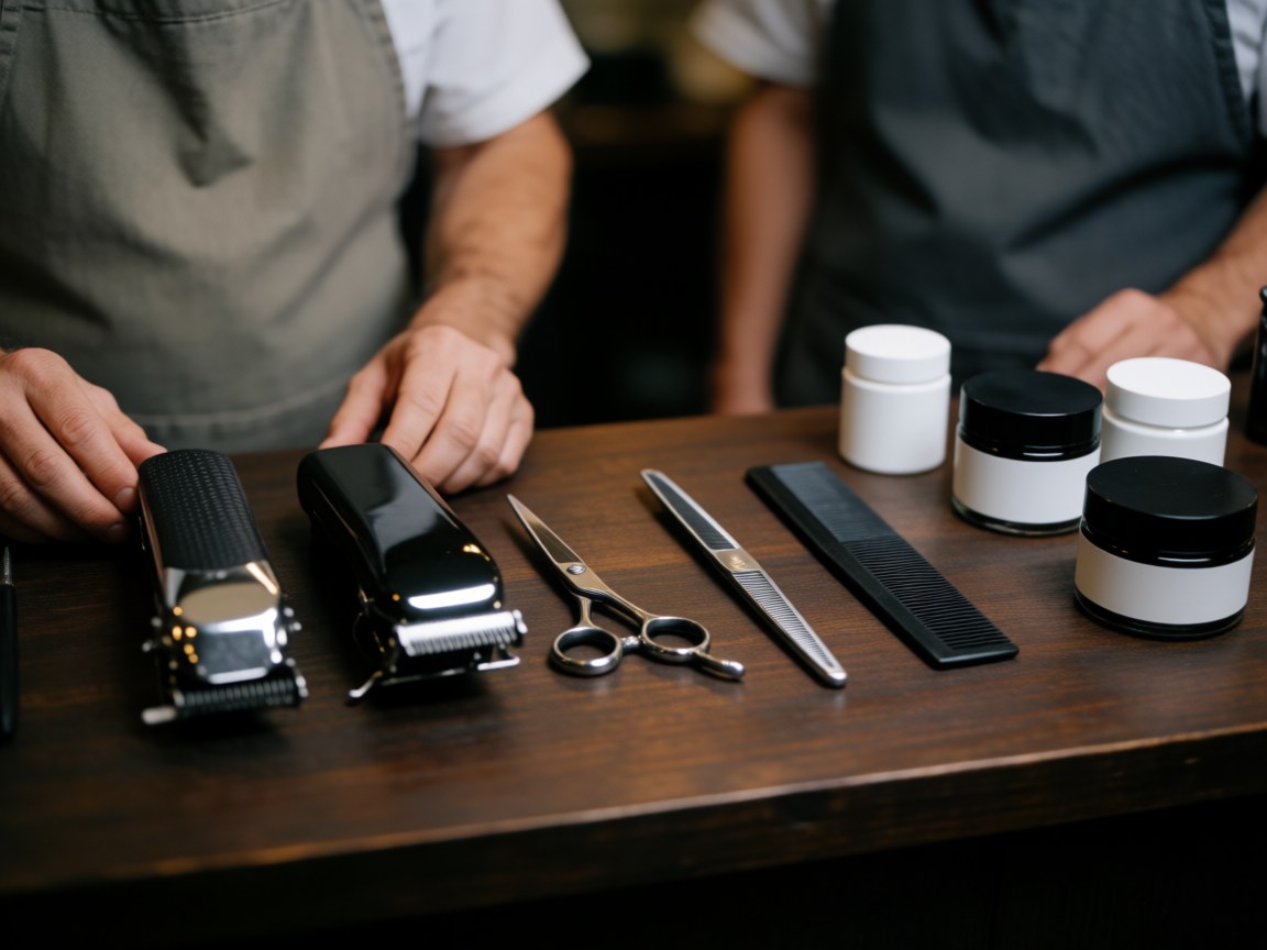 Tiges de rasoir, ciseaux, peigne et pommades disposés sur un comptoir en bois sombre pour salon de coiffure.