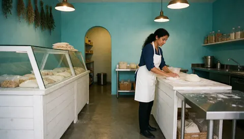 Vue intérieure d'une boulangerie montrant une femme en train de pétrir la pâte sur un comptoir en bois blanc, avec des murs turquoise et des suspensions lumineuses.