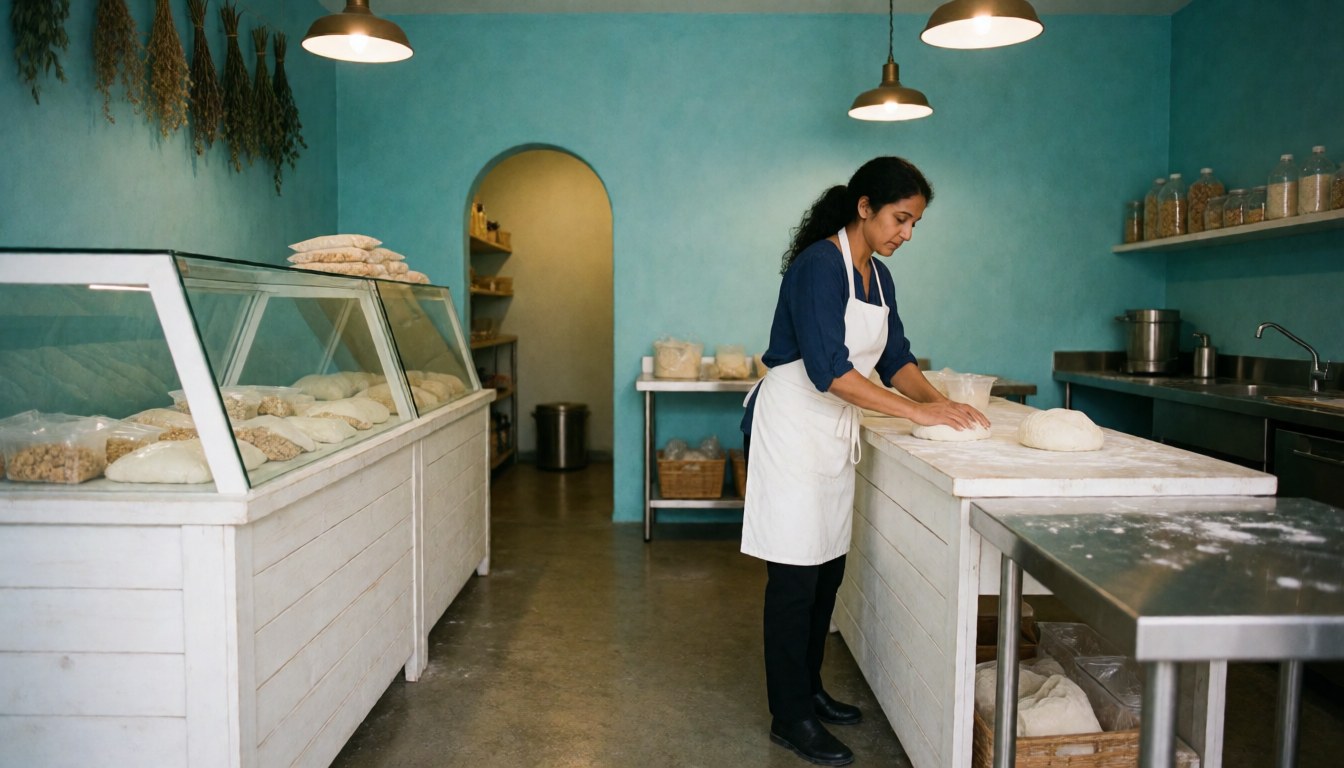 Vue intérieure d'une boulangerie montrant une femme en train de pétrir la pâte sur un comptoir en bois blanc, avec des murs turquoise et des suspensions lumineuses.