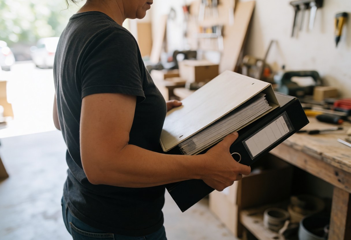 Une femme marche dans un atelier avec des dossiers, des outils et des meubles en bois, éclairée par la lumière naturelle sur un fond flou.