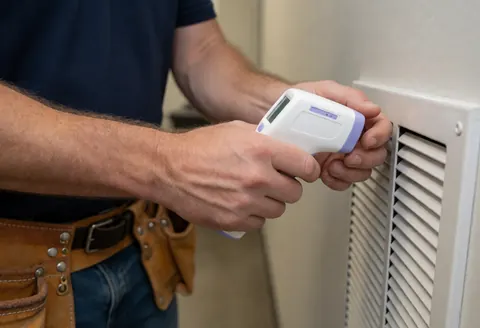 Un technicien avec une ceinture à outils mesure le flux d'air d'un ventilateur de climatisation à l'aide d'un thermomètre numérique dans un couloir intérieur.