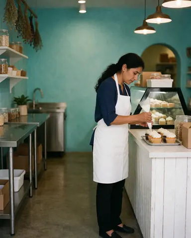 Une femme décore des cupcakes avec du glaçage blanc dans une boulangerie aux murs turquoise et comptoirs blancs.
