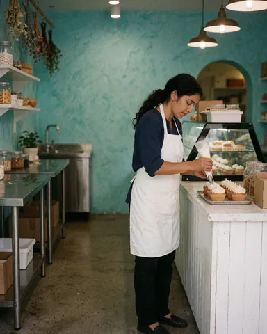 Une femme décore des cupcakes avec du glaçage blanc dans une boulangerie aux murs turquoise et comptoirs blancs.