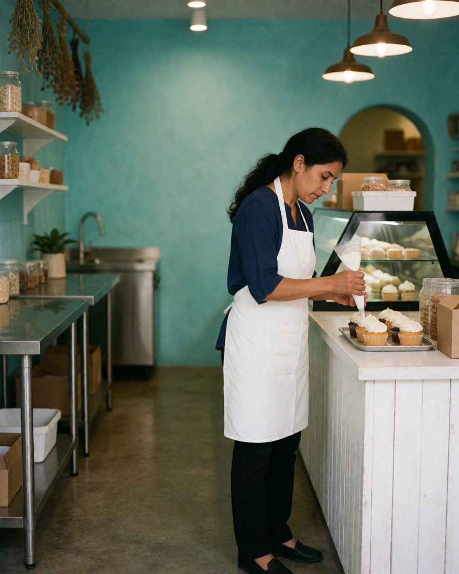 Une femme décore des cupcakes avec du glaçage blanc dans une boulangerie aux murs turquoise et comptoirs blancs.