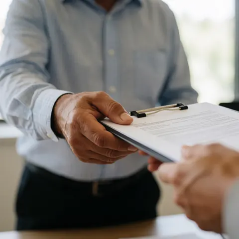 Gros plan sur les mains d'un homme tenant un document avec une attache, dans un environnement de bureau flou, évoquant une transaction professionnelle.