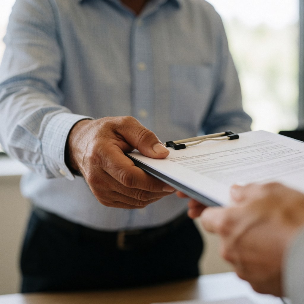 Gros plan sur les mains d'un homme tenant un document avec une attache, dans un environnement de bureau flou, évoquant une transaction professionnelle.