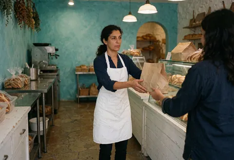 Une femme remet un sac de pain à une cliente derrière le comptoir d'une boulangerie aux murs turquoise.