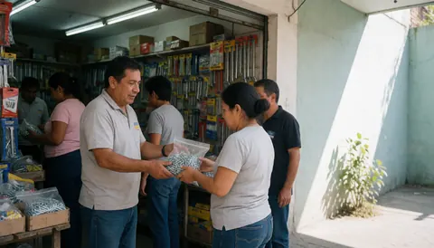 Un employé de la quincaillerie tend un sac de vis à un client à l'entrée du magasin, avec d'autres clients et des outils visibles en arrière-plan.