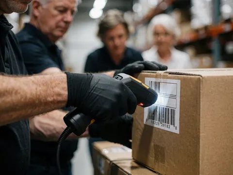Main gantée noire scannant un code-barres sur une caisse en carton dans un entrepôt avec du personnel en arrière-plan.