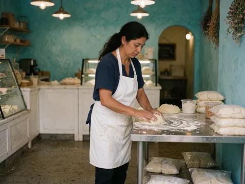 Une femme en tablier blanc pétrit de la pâte sur une table en acier inoxydable dans une boulangerie aux murs turquoise.