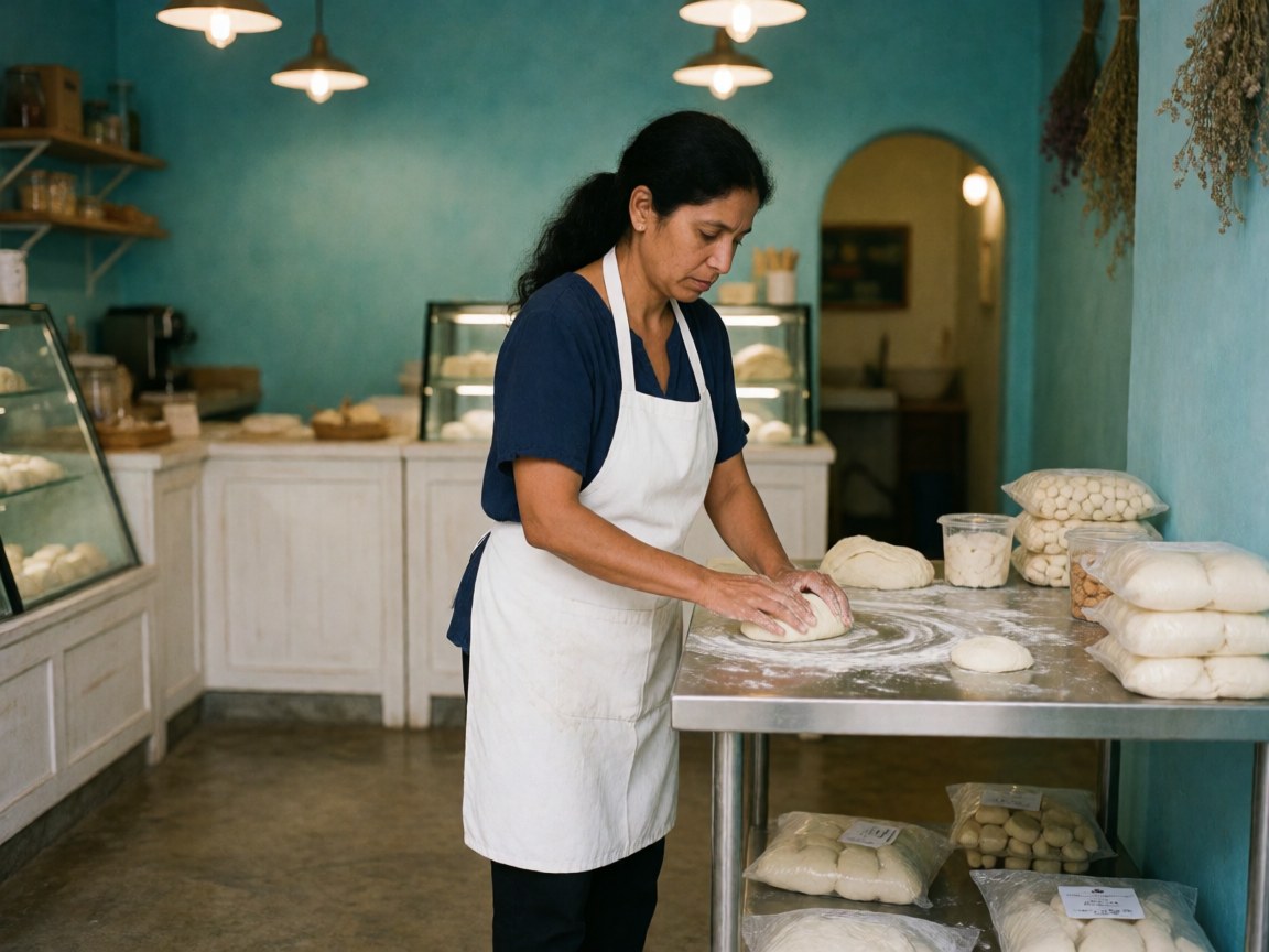 Une femme en tablier blanc pétrit de la pâte sur une table en acier inoxydable dans une boulangerie aux murs turquoise.