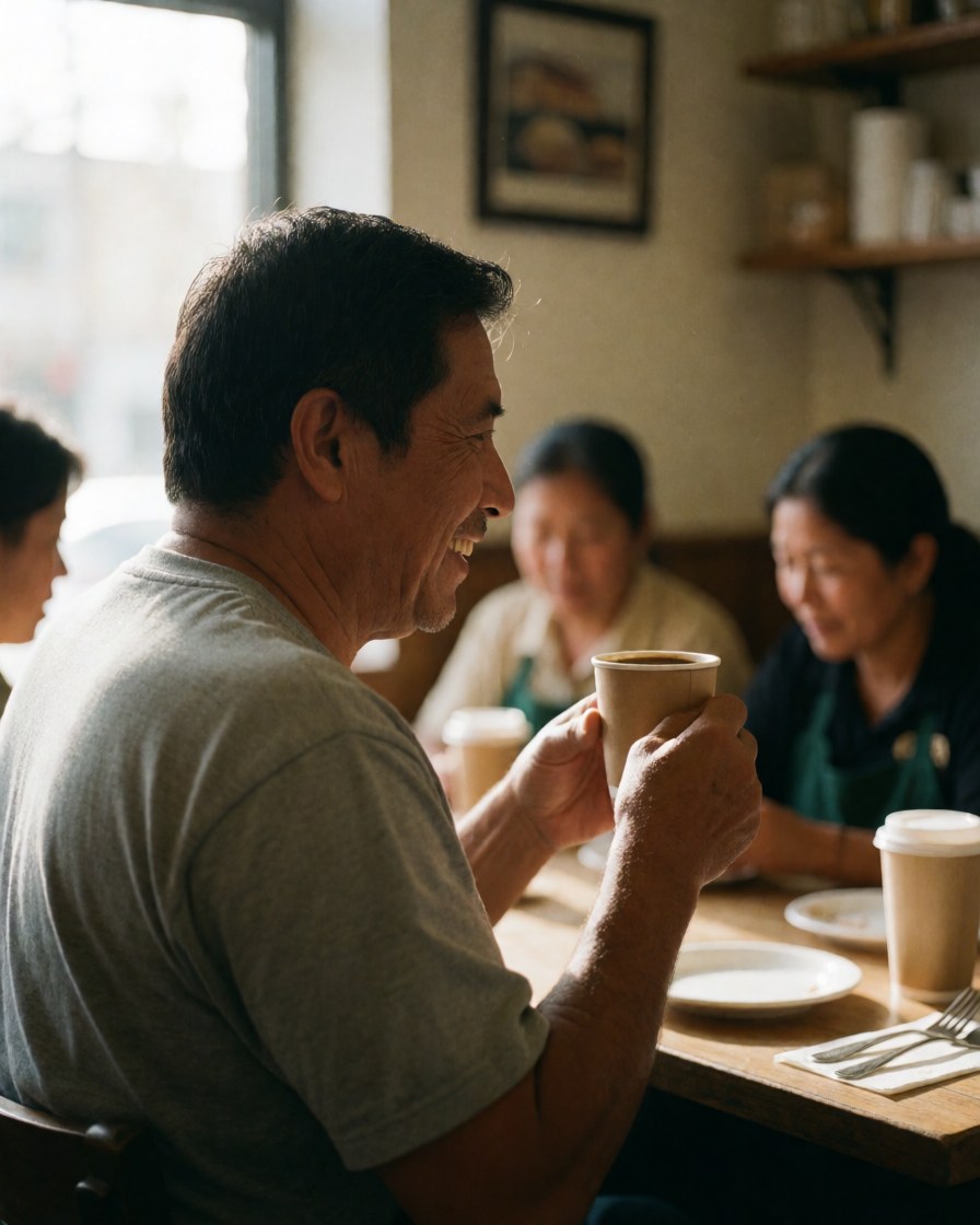 Un homme heureux savoure son café à une table de restaurant, avec d'autres personnes en arrière-plan dans une ambiance chaleureuse et conviviale.