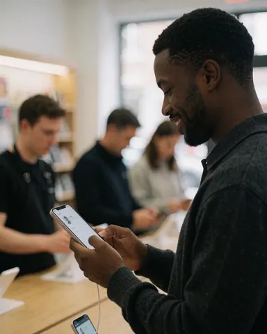 Un homme souriant vérifie les fonctionnalités d'un smartphone dans une boutique, avec d'autres clients en arrière-plan.