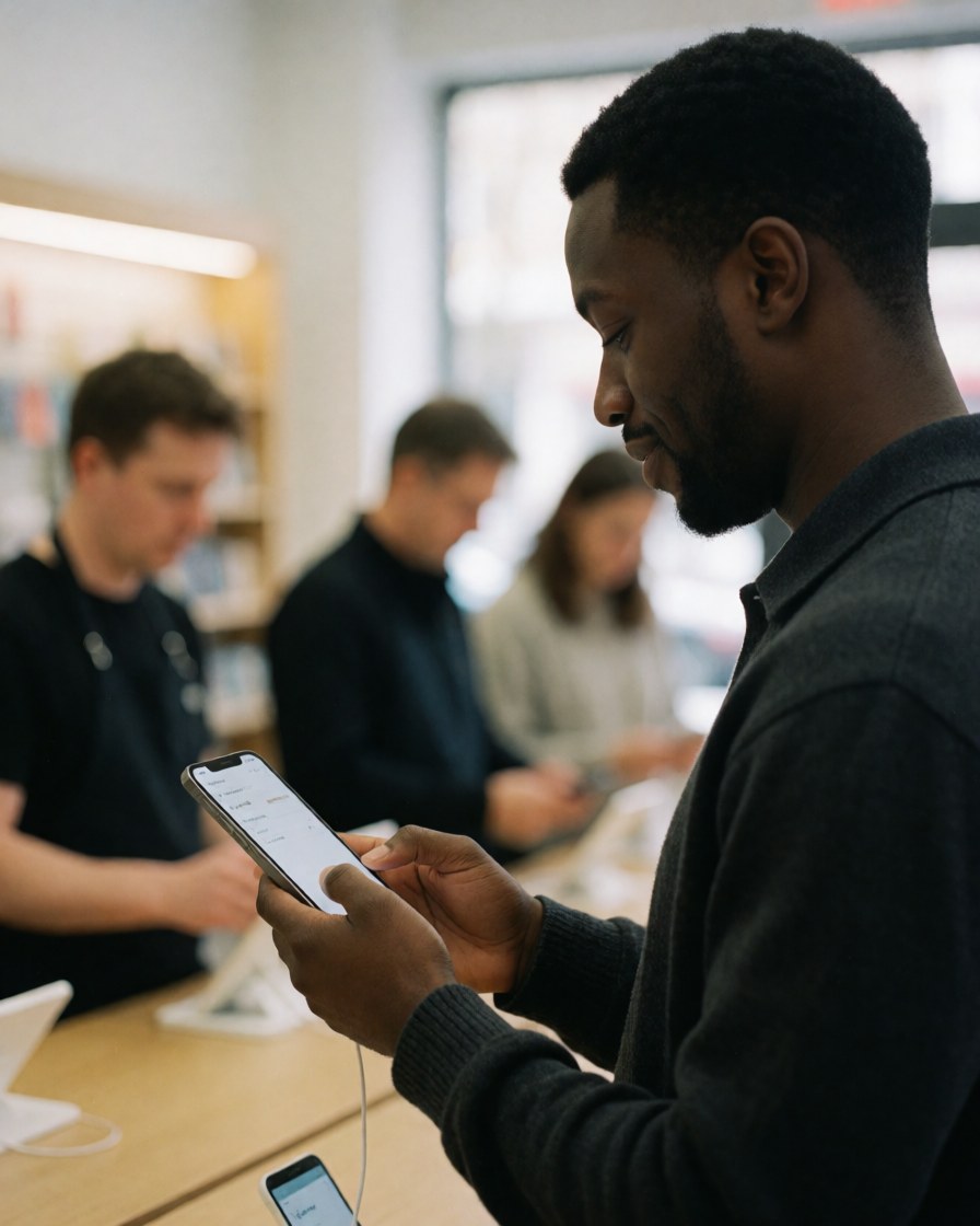 Un homme souriant vérifie les fonctionnalités d'un smartphone dans une boutique, avec d'autres clients en arrière-plan.