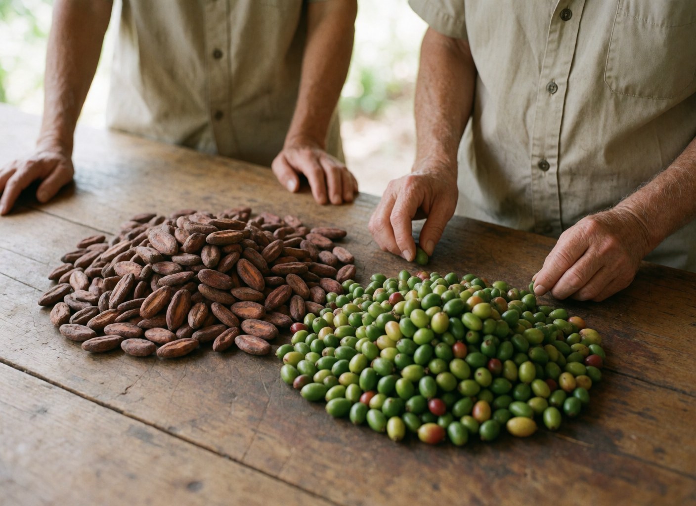 Grains de cacao torréfiés et café vert frais posés sur une table en bois rustique, avec des mains travaillant ces produits agricoles.