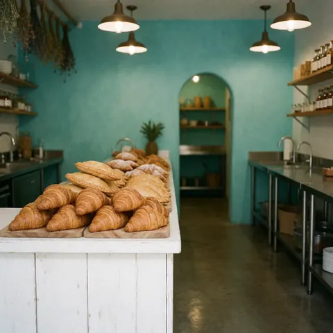 Des croissants et des empanadas frais disposés sur un comptoir en bois, avec des murs turquoise et des suspensions lumineuses créant une ambiance chaleureuse.