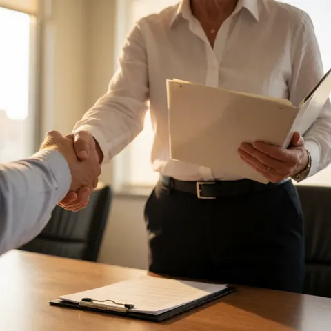 Personne serrant la main d'un client sur une table de conférence tout en tenant un classeur contenant des documents, dans un environnement professionnel et chaleureux.