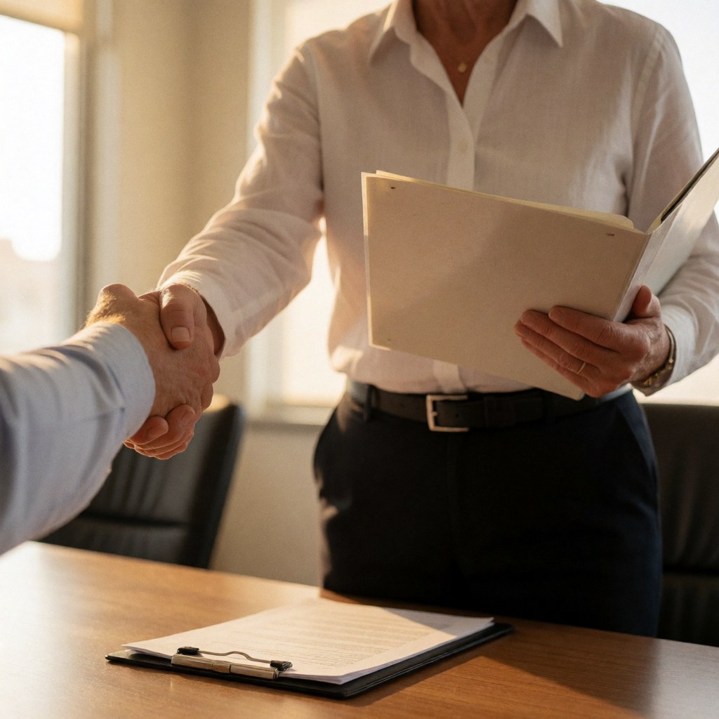 Personne serrant la main d'un client sur une table de conférence tout en tenant un classeur contenant des documents, dans un environnement professionnel et chaleureux.
