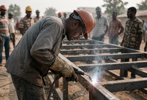 Un ouvrier casqué et ganté soude une structure métallique sur un chantier, entouré de collègues et d'étincelles projetées.