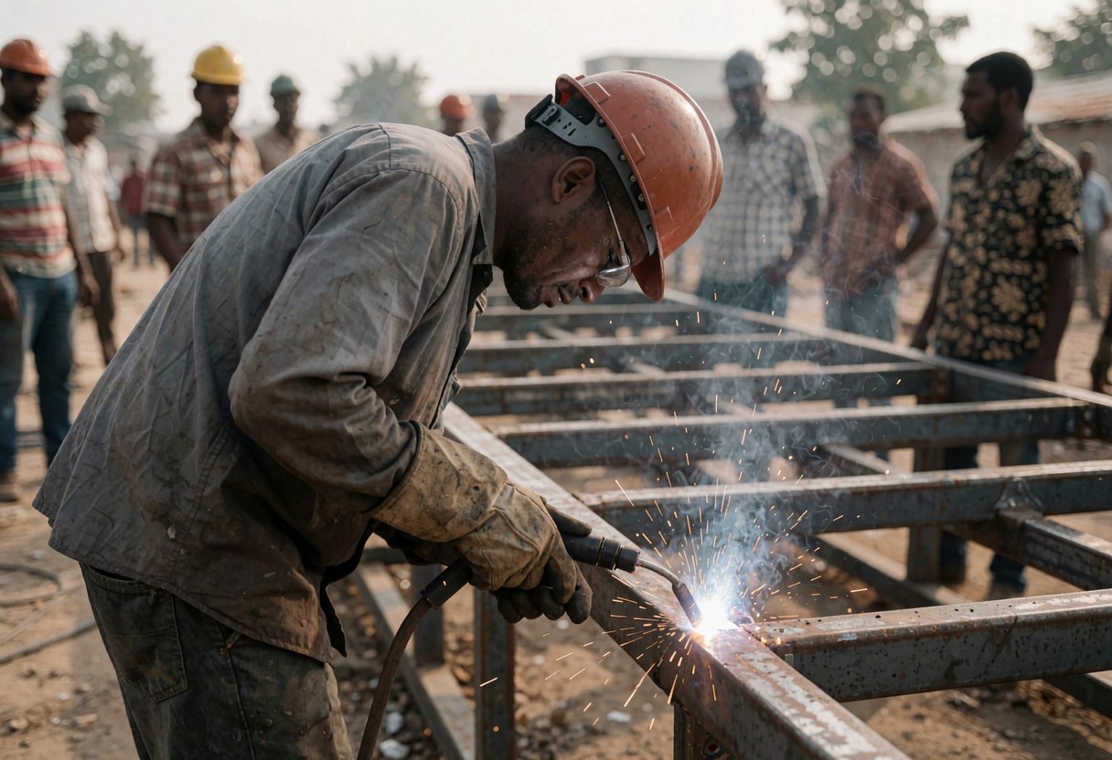 Un ouvrier casqué et ganté soude une structure métallique sur un chantier, entouré de collègues et d'étincelles projetées.