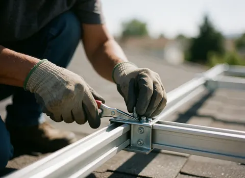 Un homme avec des gants installe un support de panneau solaire sur un toit résidentiel sous un soleil éclatant, avec des outils et des détails métalliques visibles.