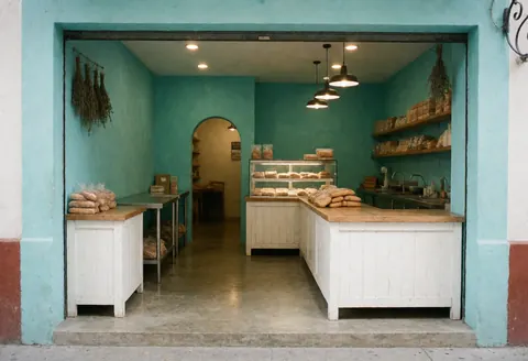 Façade de boulangerie aux murs turquoise, comptoirs blancs, pain frais en vitrine, suspensions et herbes séchées.