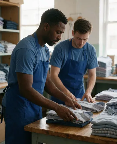 Deux employés rangent des chemises sur une table en bois dans un magasin de vêtements, avec des étagères en arrière-plan éclairées par la lumière naturelle.