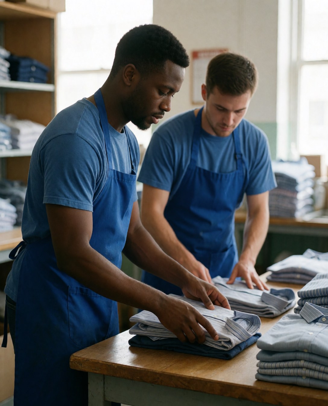 Deux employés rangent des chemises sur une table en bois dans un magasin de vêtements, avec des étagères en arrière-plan éclairées par la lumière naturelle.