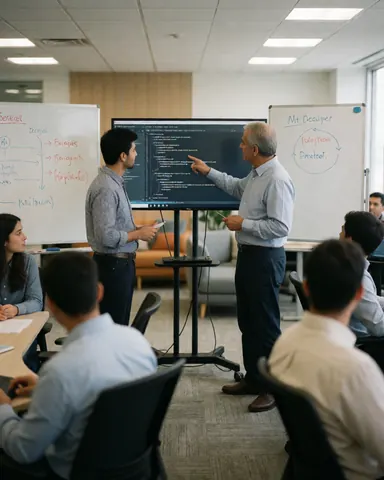 Une équipe de développeurs logiciels lors d'une réunion de travail, analysant du code sur un grand écran et des diagrammes sur des tableaux blancs dans un bureau moderne.